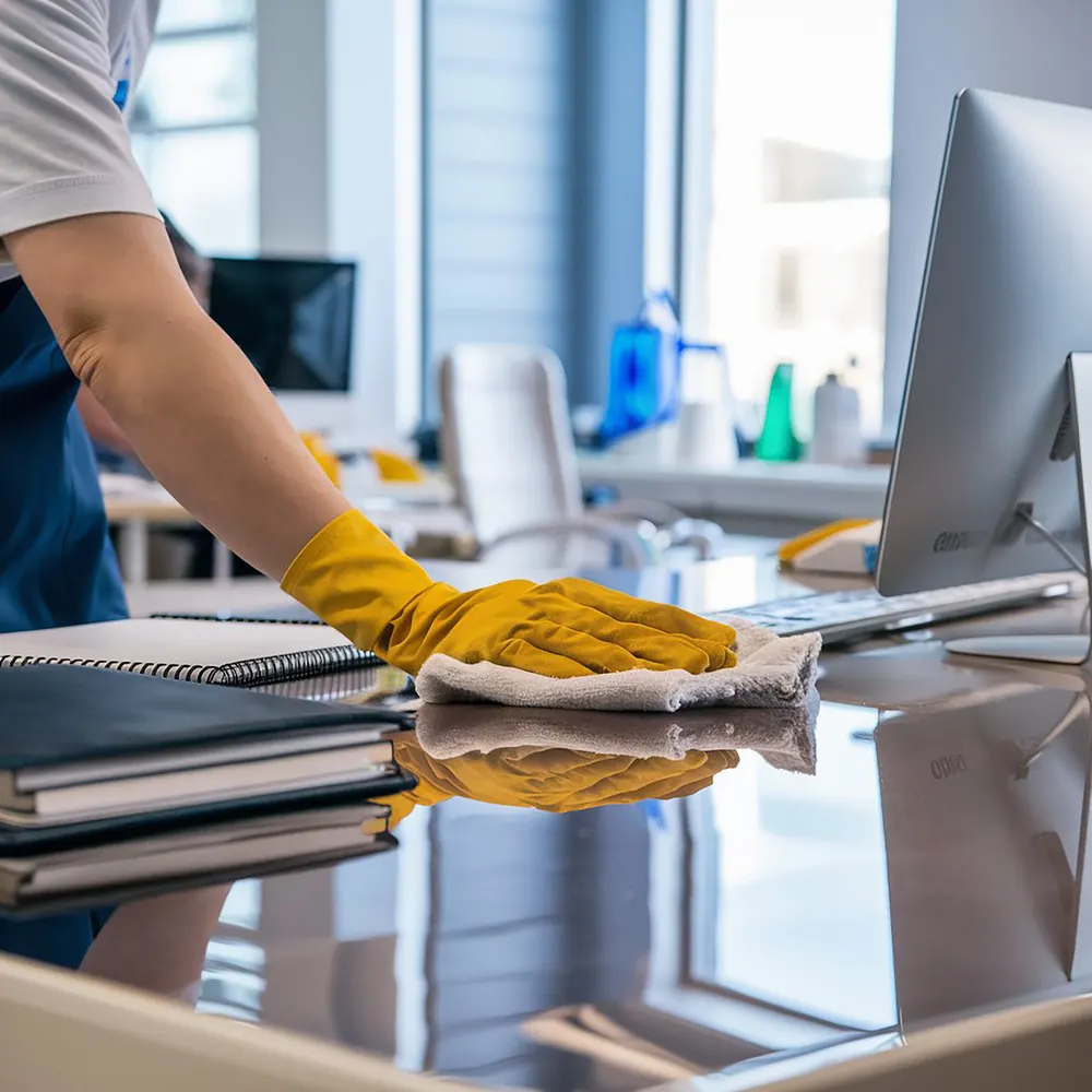 Novaxx Reinigungskraft wischt einen Schreibtisch im Büro